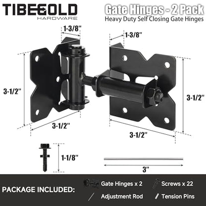 Self Closing Gate Hinges, Heavy Duty Hardware for Outdoor Vinyl/Woodn Fence Gates, 90 Degree Adjustable Gate Hinges Kit, Black Self Closing Hardware with Screw Kits and Swing Adjuster Tool, 2 Pack