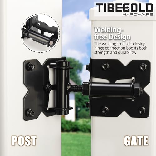 Self Closing Gate Hinges, Heavy Duty Hardware for Outdoor Vinyl/Woodn Fence Gates, 90 Degree Adjustable Gate Hinges Kit, Black Self Closing Hardware with Screw Kits and Swing Adjuster Tool, 2 Pack