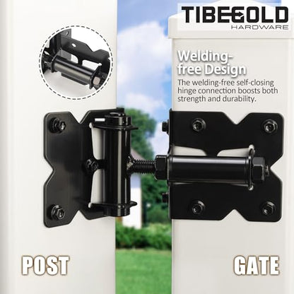 Self Closing Gate Hinges, Heavy Duty Hardware for Outdoor Vinyl/Woodn Fence Gates, 90 Degree Adjustable Gate Hinges Kit, Black Self Closing Hardware with Screw Kits and Swing Adjuster Tool, 2 Pack