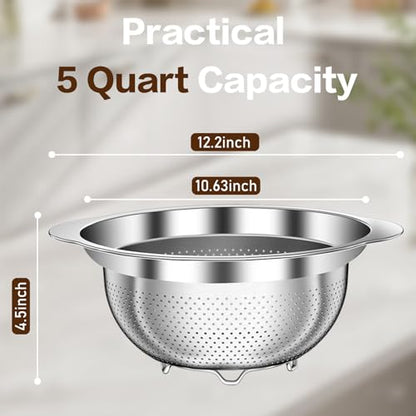 Stainless Steel Colander for Kitchen, 5 Quarts Stainless Steel Strainer, Pasta Strainer for Spaghetti Fruits Vegetables Cooking Food, Large Capacity with Handle Kitchen Food Strainer Basket - 1 Pack - size: 5QT