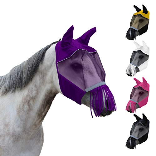 Derby Originals UV-Blocker Reflective Safety Horse Fly Mask with Ears and Nose Fringe and Colors - color: Purple, size: X-Large (Oversize/Warmblood)