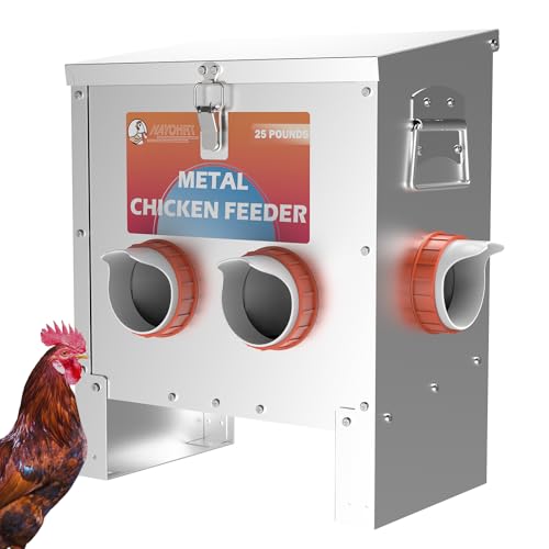 HAYOHRT Automatic Chicken Feeder No Waste 25 Pounds 4 Ports Metal Poultry Feeder with Latch & Handle for Chickens Bantams Pheasants Poultry Coop Weatherproof - size: 4 Ports - 25 lBS