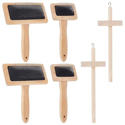INTERWARM 6Pcs Wooden Drop Spindle and Wool Carder Set, Wooden Wool Carder Brush Hand Carders Spinning Needle Felting Tools for Yarn Blending Spinning Weaving Craft Project Supplies