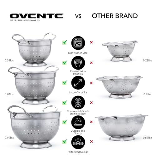 OVENTE Premium Stainless Steel Colander Set of 3, Silver C46263S | Comes with different sizes: 1.5, 3, 5 QT, Comfortable Large Handles, Ideal for draining pasta or Rinsing Vegetables or fruits - size: 5, 3, 1.5 Quarts, style: Colander Set of 3