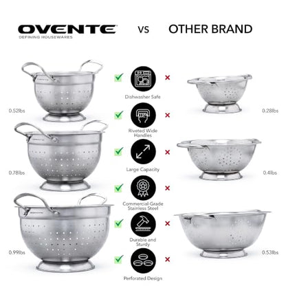 OVENTE Premium Stainless Steel Colander Set of 3, Silver C46263S | Comes with different sizes: 1.5, 3, 5 QT, Comfortable Large Handles, Ideal for draining pasta or Rinsing Vegetables or fruits - size: 5, 3, 1.5 Quarts, style: Colander Set of 3