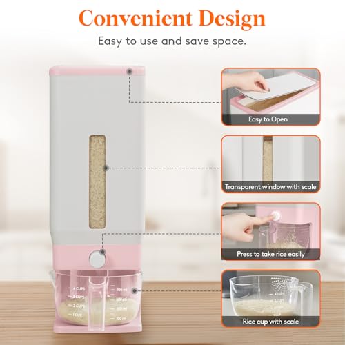 Lifewit Rice Dispenser 25 Lbs, Airtight Storage with Measuring Cup, Pink - color: Pink