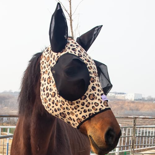Stretchy Horse Fly Mask with Ears,Extra-Large Eyes & Mane Opening – Soft, Breathable Fly Mask for Horses, Tangle-Free Design, Enhanced Visibility (Leopard Print, Full (Large)) - color: Leopard Print, size: Full (Large)