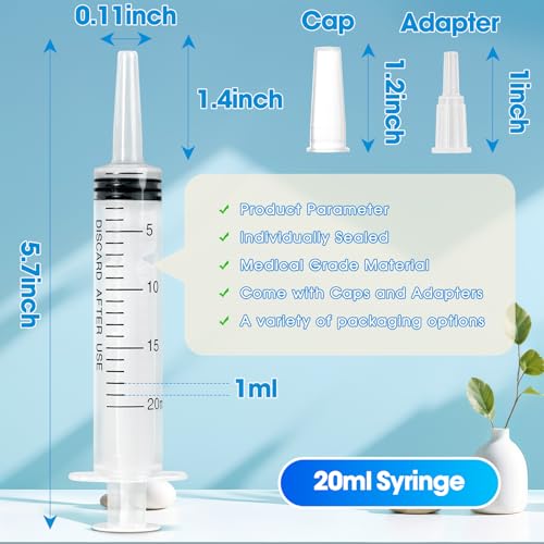 20ml Syringe for Liquid,20 Pack Large Plastic Syringes with Adapters and Cap,Individually Sealed Syringe for Feeding,Irrigation Water and Scientific Labs - size: 20ML