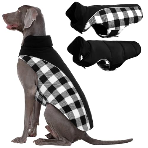 Kuoser Dog Winter Coat, Reversible Waterproof Dog Jacket with Leash Hole, Warm Dogs Fleece Vest Adjustable Doggy Cold Weather Clothes Plaid Christmas Outfit Pet Apparel for Extra Large Dogs, Black 3XL - color: Black, size: XXX-Large (Chest Girth: 35.4-43.
