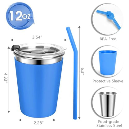 Stainless Steel Kids Cups with Lids, 5 Pack 12oz Spill Proof Cups - color: Red, Blue, Pink. Purple, Green