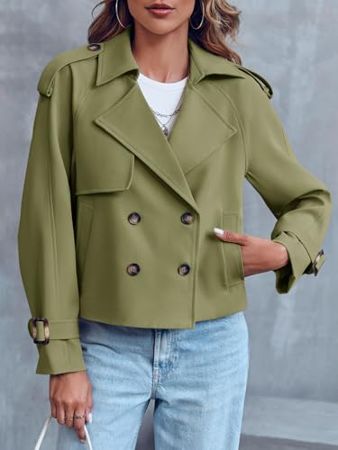 Saodimallsu Women Crop Double Breasted Trench Coat Short Cropped Jacket - color: Army Green, size: Medium
