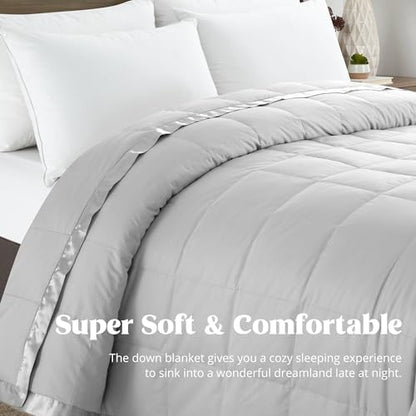 puredown® Blankets Queen Size - Soft Lightweight Down Blanket for Bed, Cozy Warm Luxury Bed Blanket with Satin Trim, Light Grey (90"X90") - color: 02 Light Gray, size: Full/Queen