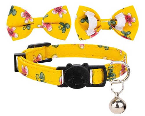 Collar for Cat Pet Breakaway with Bell Bowtie Detachable Bow Adjustable Safety Kitten Puppy Girl Boy 2pcs Flower-Blue & Yellow - color: Flower-Blue & Yellow
