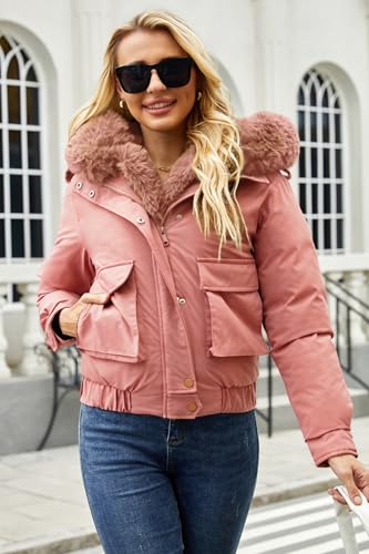 Winter Coats for Women Thickened Puffer Jacket with Detachable Fur Hood Winter Warm Parka Puffer Coat - color: Pink, size: Medium