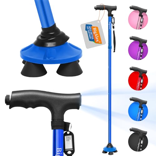 BigAlex Folding Walking Cane with LED Light,Pivoting Quad Base,Adjustable Walking Stick with Carrying Bag for Men/Women - color: Blue(4'9"-5'6")