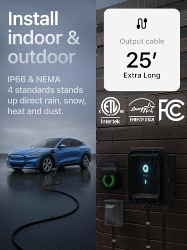 EVIQO Level 2 EV Charger J1772 48A - Hardwired 240V Wall Charging Station | up to 50 mph, 25ft Cable, Enhanced WiFi (2.4GHz), Smart App, Weatherproof Indoor/Outdoor (IP66, NEMA 4), UL & ETL Certified - size: 48