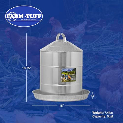 FARM-TUFF Galvanized Poultry Waterer, 5 Gallon Capacity - Double-Wall Poultry Fountain with Cone Top - Automatic Gravity-Fed Water Dispenser for Chickens, Ducks & Game Birds - size: 5 Gallon Capacity