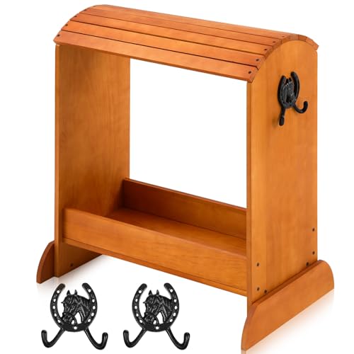 Pine Wood Saddle Rack 30" x 25.6" x 12" Horse Saddle Rack Stand for Western Saddles and Horse Tack Organizers Heavy Duty Tack Storage Accessories with 2 Hooks(Regular,Walnut)