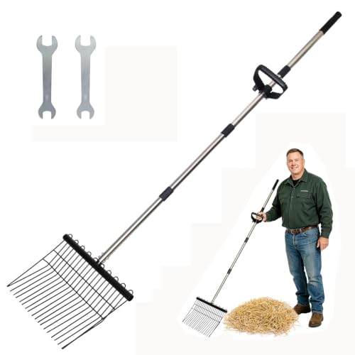 Metal Manure Fork with Adjustable Long Steel Handle Rake Rustproof Hay Fork | 65" Long Handle Detachable Dustproof Heavy Duty Hay Pitch Fork Rake for Gardening Horse Stable Farm Work 16 Tines