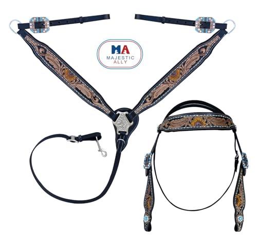 Majestic Ally Tooled Leather Western Headstall & Breast Collar Set – Handcrafted Leather, Classic Western Tack, Multiple Styles & Designs - style: 1018-BLK