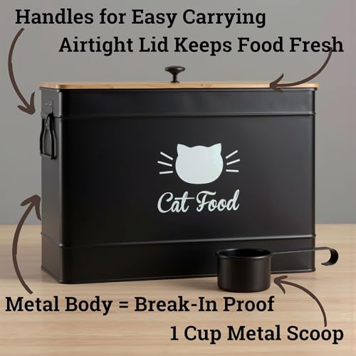 Metal Cat Food Container with Scoop, 15lb (50 Cup) w/ Airtight Bamboo Lid - color: Black
