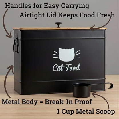 Metal Cat Food Container with Scoop, 15lb (50 Cup) w/ Airtight Bamboo Lid - color: Black