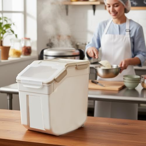RUIAN 25lb Flour Rice Storage Containers Bin, Large Airtight Storage Container with Wheels Seal Locking Lid, with Measuring Cup&Scoop for Flour, Rice, Grain(Gray 4PCS) - color: Gray 4Pack 25Lb
