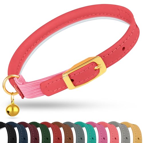 OOPSDOGGY Rolled Leather Cat Collar with Bell - Reflective Kitten Collar with Safety Elastic Strap - Adjustable Small Pet Collars for Boy Girl Cats (Pink) - color: Pink