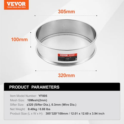 VEVOR Flour Sieve, 10 Mesh Sifter, 304 Stainless Steel Food-grade Fine Mesh Strainer, Dia. 12.6" for Baking, 5 Sizes Mesh Hole for Mungbean, Rice, Pearl Powder - style: 10 Mesh