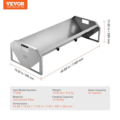 VEVOR Livestock Feeding Trough, 22 Gallon Capacity, 45" Hay Feeder, Heavy Duty Steel Livestock Trough, Galvanized Steel Sheep Feeder Trough Feeding up to 10 Goats for Horse Sheep Hog Farm Sheds Pen - size: 1 Count (Pack of 1)