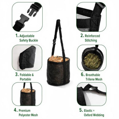 Mesh Horse Feed Bag – Portable Hay Bucket with Adjustable Strap, Durable & Breathable, Reduces Feed Waste for Trailering, Camping & Daily Use, Size M