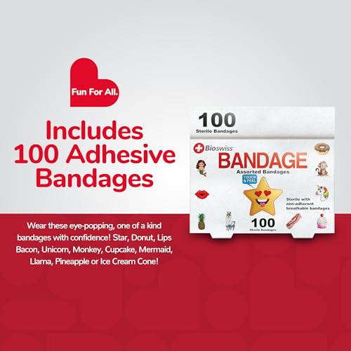 BioSwiss Bandages, Assorted Animal, Fun, and Food Shaped Self Adhesive Bandage Set, Latex Free, Sterile Wound Care, 100 Count - size: 100 Piece Assortment, style: Assorted Shapes