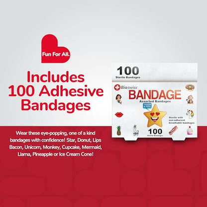 BioSwiss Bandages, Assorted Animal, Fun, and Food Shaped Self Adhesive Bandage Set, Latex Free, Sterile Wound Care, 100 Count - size: 100 Piece Assortment, style: Assorted Shapes
