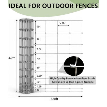 15-Gauge Galvanized Cattle Fence, Fixed-Knot Livestock Field Fence, Woven Wire Farm Fencing for Goat, Sheep, Deer, Hog and Horse - size: 4.9*328FT