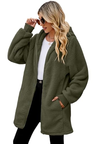 ReachMe Womens Fleece Zip Up Jacket with Pockets Oversized Long Sherpa Hoodie Fuzzy Jackets Warm Teddy Coat - color: 01 Army Green, size: Medium