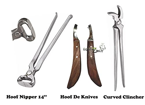 Hoof Nipper 14" with Hoof Curved Jaw Clincher & Farrier Hoof Knives Set Horse Hoof Trimming Kit, Heavy-Duty Steel Nipper, Curved Clincher & Sharp Farrier Knives for Hoof Care