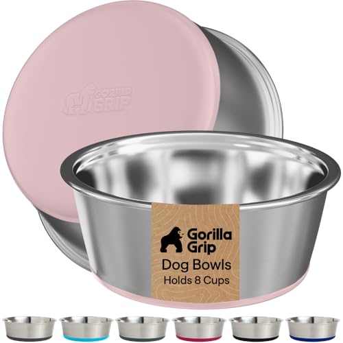 GORILLA GRIP Dog Bowls, Food Grade Stainless Steel, Set of 2, 8 Cup, Pink | 304 Stainless Steel Pet Feeding Bowls Hold 64 fl oz Each, Dishwasher Safe, Rust Resistant, BPA Free Rubber Base - color: Light Pink, size: 8 Cup (64 Oz)