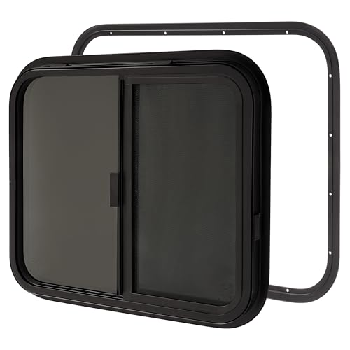 HECASA 1PC 24" W X 20" H RV Window Teardrop Horizontal Sliding RV Window | Replacement W/Net Screen & Trim Ring For Cargo Travel Trailer, Camper, Cargo Van - size: 24" W x 20" H