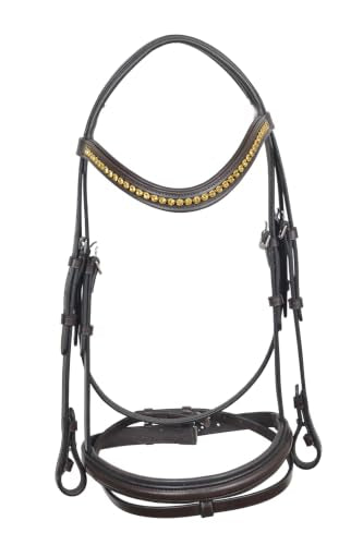 Horse Jumping Leather Bridle with Web Reins | Premium Genuine Leather English Bridle | Padded Browband & Noseband | Stainless Steel Buckles | Dark Brown Size Full - color: Havana Brown -Gold Crystal