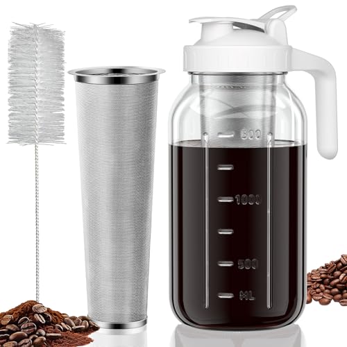 JunVpic Cold Brew Coffee Maker, 64 oz Glass Mason Jar Pitcher | 100μm stainless steel filter, wide mouth design, leak-proof lid with handle, pour spout for iced coffee, tea and cold drinks - color: White, size: 64 Ounces