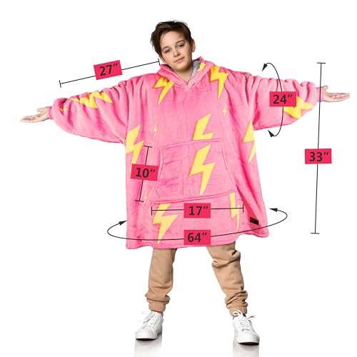 Solaris Thunder Lightning Kids Wearable Blanket Hoodie - Cozy Warm Sherpa Fleece Sweatshirt Pullover with Larger Pocket for Teens, Girls, Boys - color: Thunder Pink