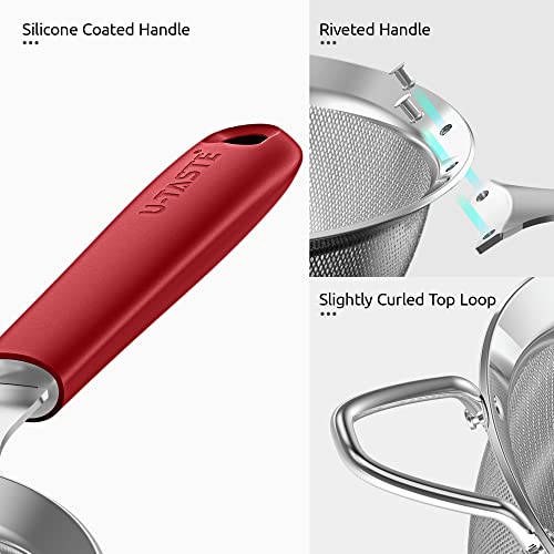 18/8 Stainless Steel Mesh Strainer: U-Taste 3.9 Inch Kitchen Fine Mesh Sieve Food Colander with Riveted Sturdy Silicone Handle and 30 Mesh Hole for Straining Flour, Quinoa, Tea, Juice (Red) - color: (4) Red, size: Small (3.9 x 11.1 in)