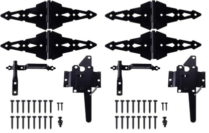 HOME MASTER HARDWARE Wood Gate Hardware Set-Heavy Duty 8" Decorative Strap Hinges and Spring Loaded Latch Gate Kit with Screws for Outdoor Fence Swing Gate Black Finish (Pack of 2) - size: 8" Decorative Strap Hinges (Pack of 2)