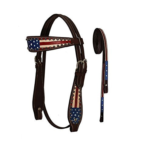 Tahoe Tack Patriotic Hand Painted American Flag Western Browband Headstall with Matching Reins