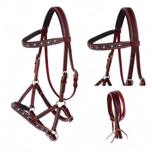 Horse Western Leather Beaded Bitless Sidepull Bridle Reins Rhinestone - color: Mahogany/Turquoise