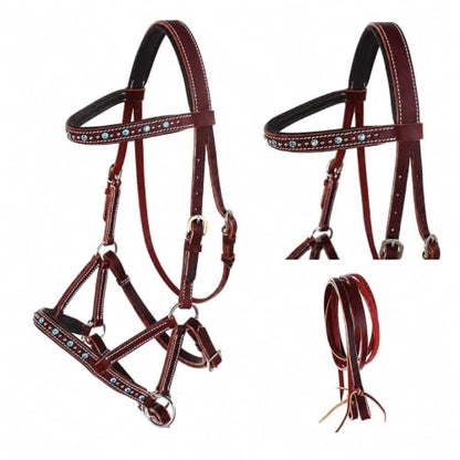 Horse Western Leather Beaded Bitless Sidepull Bridle Reins Rhinestone - color: Mahogany/Turquoise