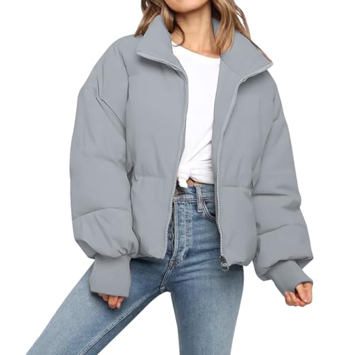SXGYH Women’s Winter Cropped Puffer Jacket Coat Casual Quilted Baggy Long Sleeve Zip Down Jackets Outerwear - color: Light Grey, size: XX-Large