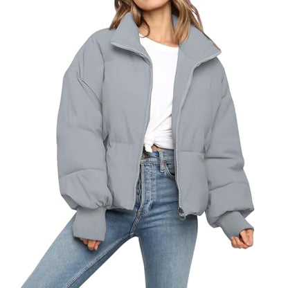 SXGYH Women’s Winter Cropped Puffer Jacket Coat Casual Quilted Baggy Long Sleeve Zip Down Jackets Outerwear - color: Light Grey, size: XX-Large