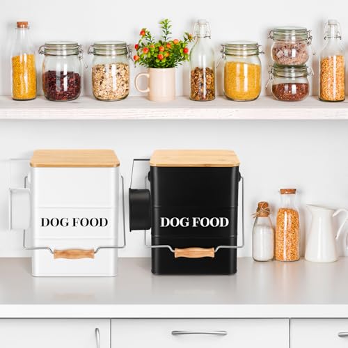 Tioncy 2 Pcs Metal Dog Food Storage Containers Total 10-14 Lbs (50 Cup) Capacity, Airtight Pet Food Canister with Bamboo Lids Scoop DIY Labels Dog Treat Storage Jars for Kitchen Counter(Black，white) - color: Black+White
