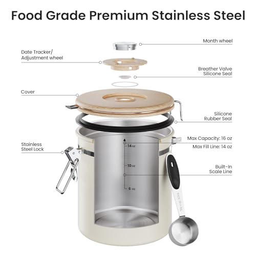 Veken Coffee Canister, Airtight Stainless Steel Food Storage Container,16OZ - color: Cream, size: 16 oz